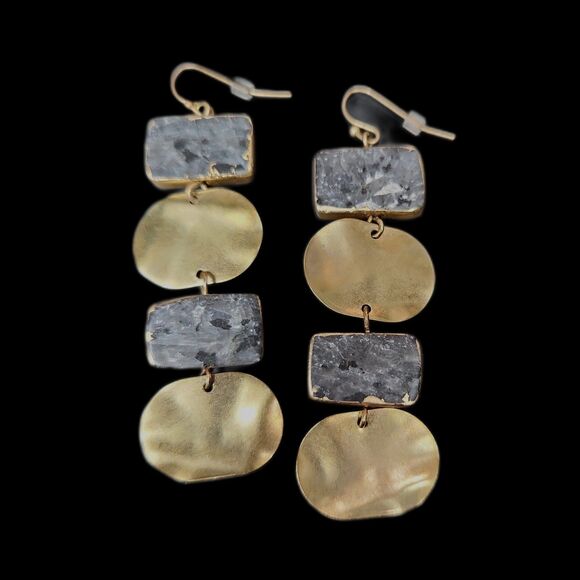 Boho Chic Gold & Gray Stone Dangle Earrings Geometric Modern Statement Luxury - Picture 4 of 6